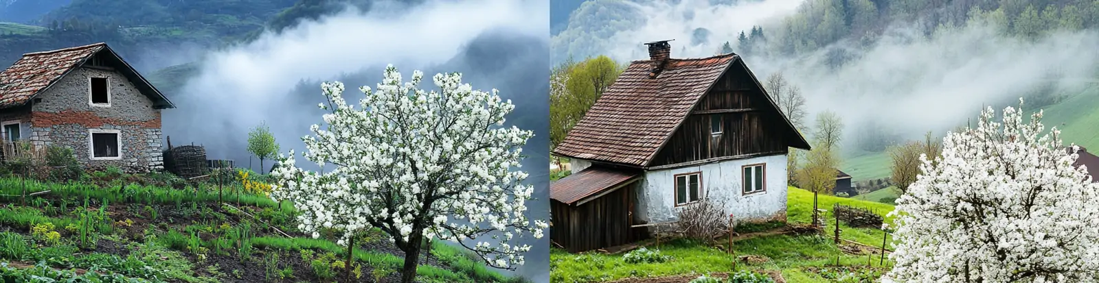 绿色春天宁静田园生活自然高山烟雾环绕老房子场景摄影海报midjourney关键词咒语