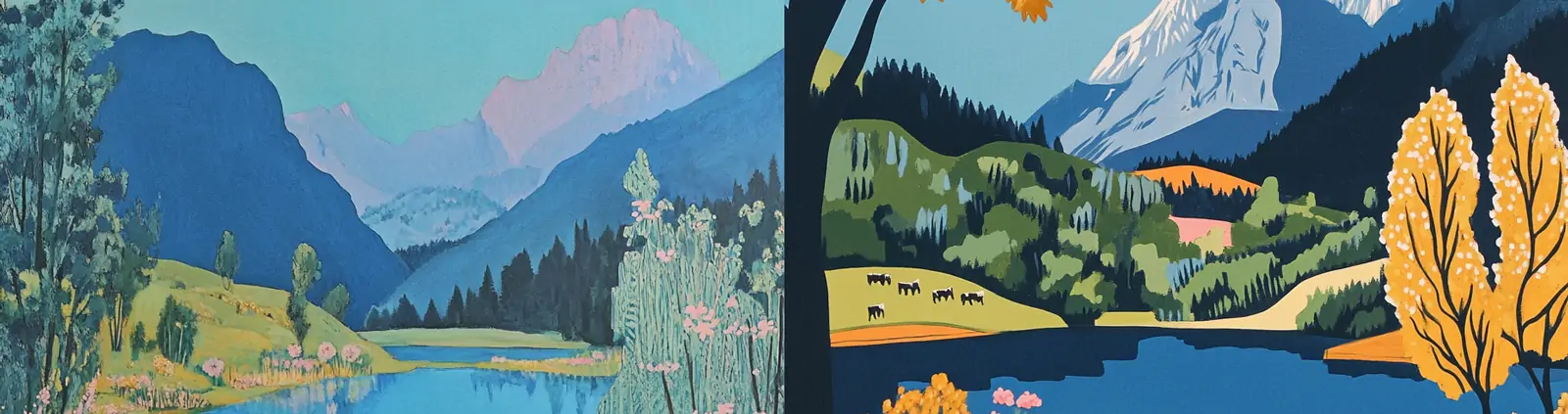 手绘自然山水花园山脉湖泊鲜花树木宁静氛围场景插图海报midjourney关键词咒语