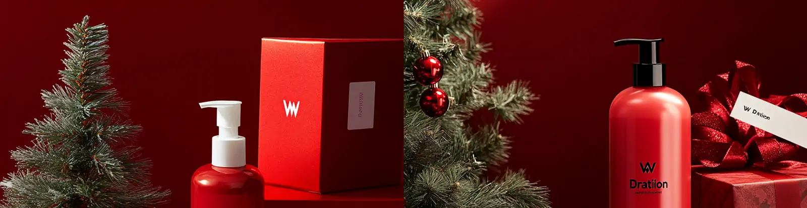 红色圣诞节主题洗发水沐浴露洗护产品礼盒广告摄影海报midjourney关键词咒语