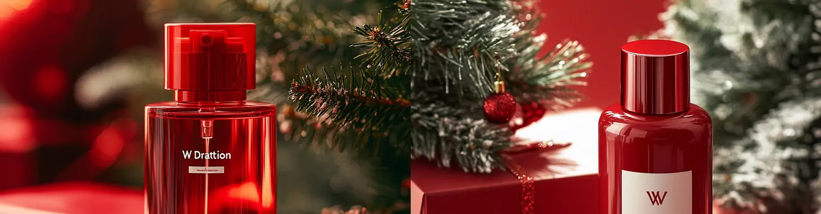 红色圣诞节主题洗发水沐浴露精华洗护产品礼盒广告摄影海报midjourney关键词咒语