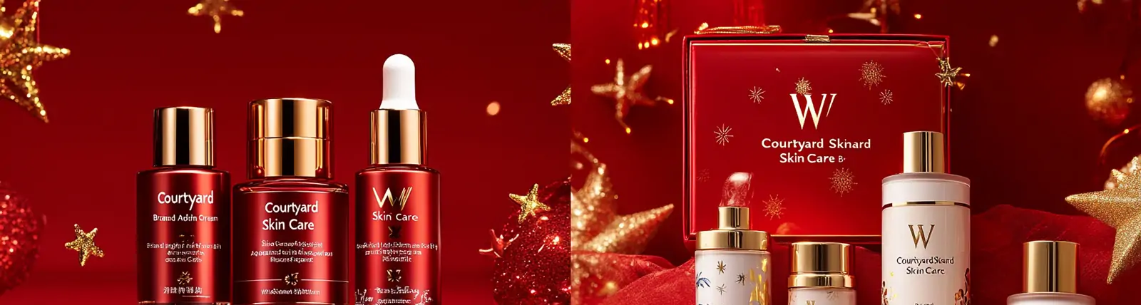 红色圣诞节主题化妆品护肤品精华产品礼盒广告摄影海报midjourney关键词咒语