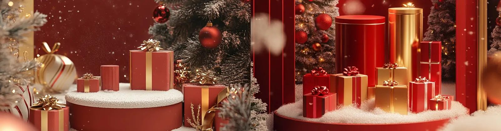 红色圣诞节主题装饰圆形舞台产品礼盒电商促销场景空间海报背景midjourney关键词咒语