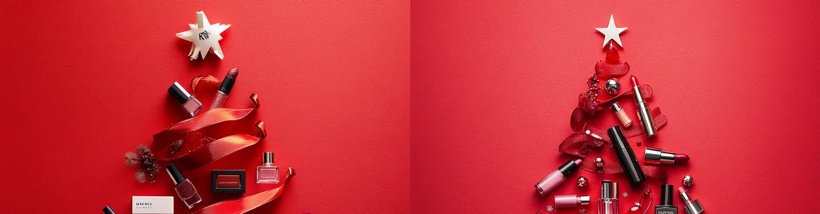 红色圣诞节主题化妆品护肤品美妆产品圣诞树形状广告海报midjourney关键词咒语