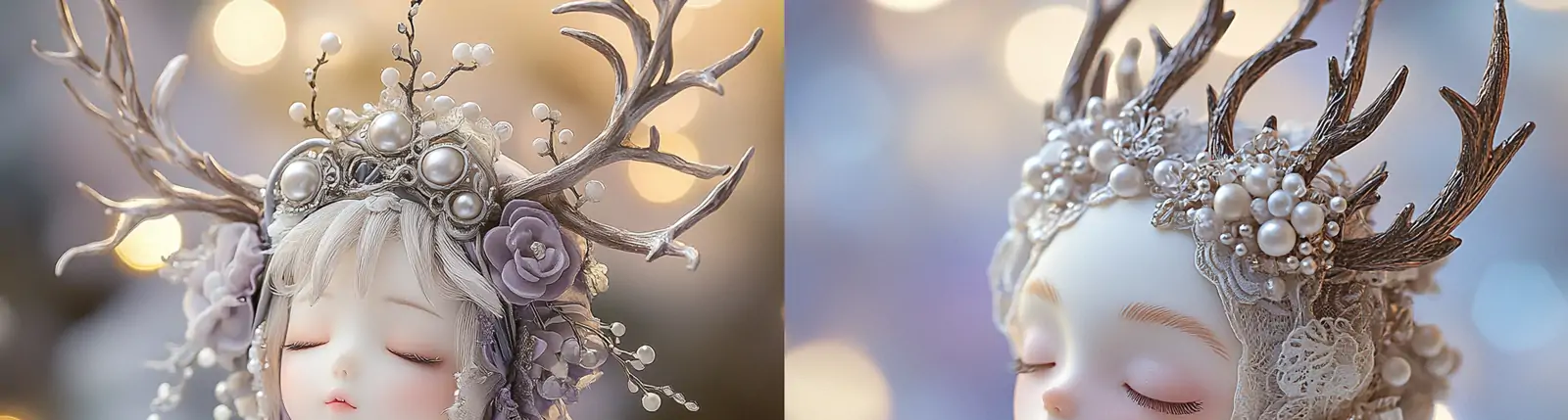 3D可爱卡通精致高贵仙女鹿角芭比娃娃珍珠宝石王冠立体模型midjourney关键词咒语