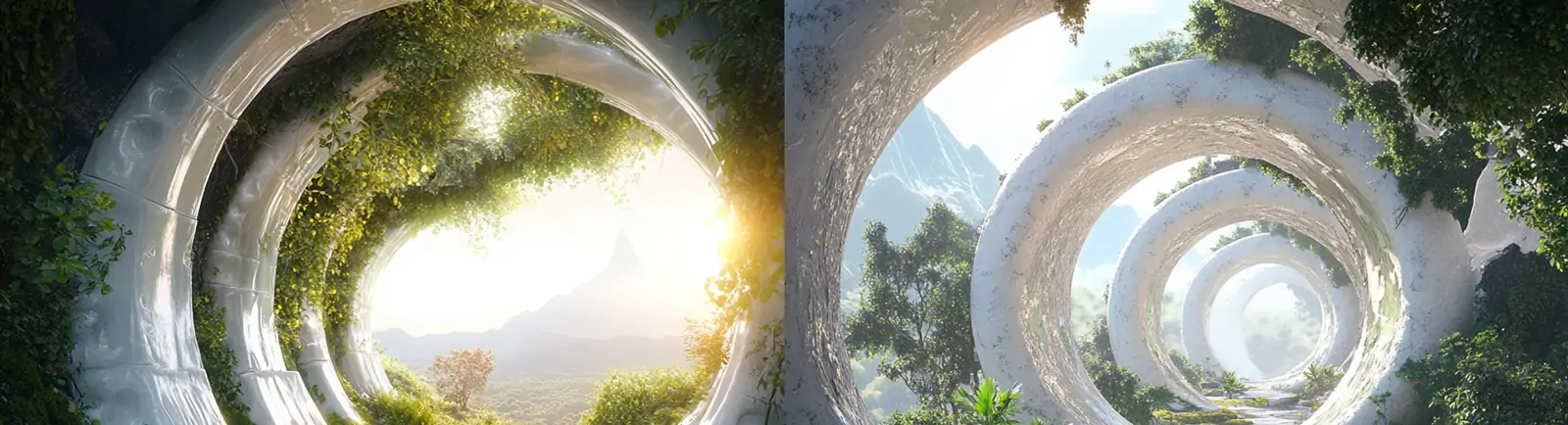 未来主义绿色植物苔藓圆形隧道自然场景摄影海报midjourney关键词咒语