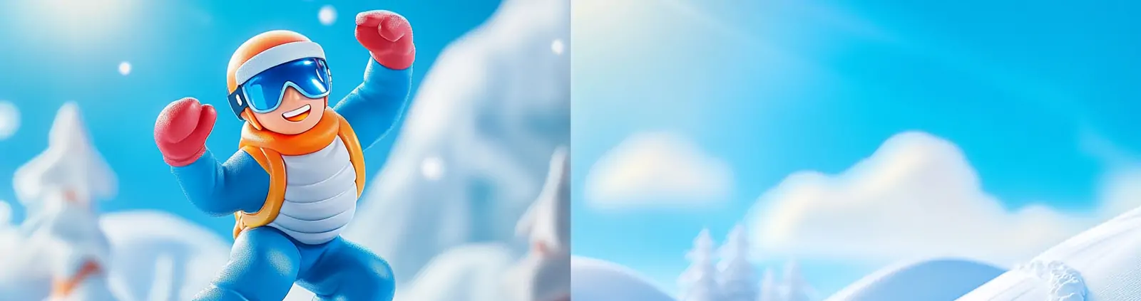 3D立体可爱卡通人物冬季滑雪蓝天白云场景插图海报midjourney关键词咒语