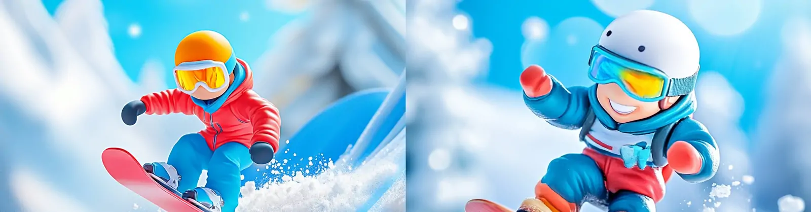 3D立体可爱卡通人物冬季滑雪蓝天白云场景插图海报midjourney关键词咒语