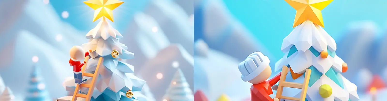 3D立体冬天圣诞节圣诞树梯子装饰特写插图海报midjourney关键词咒语