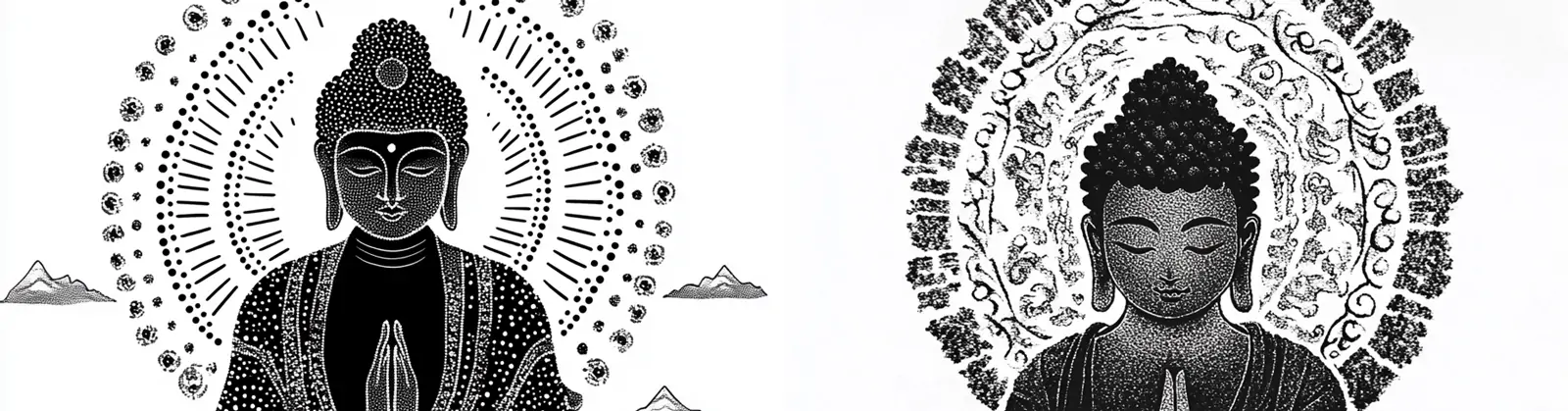 中国风黑白点画佛祖双手合十祈祷剪影艺术图案插图海报midjourney关键词咒语