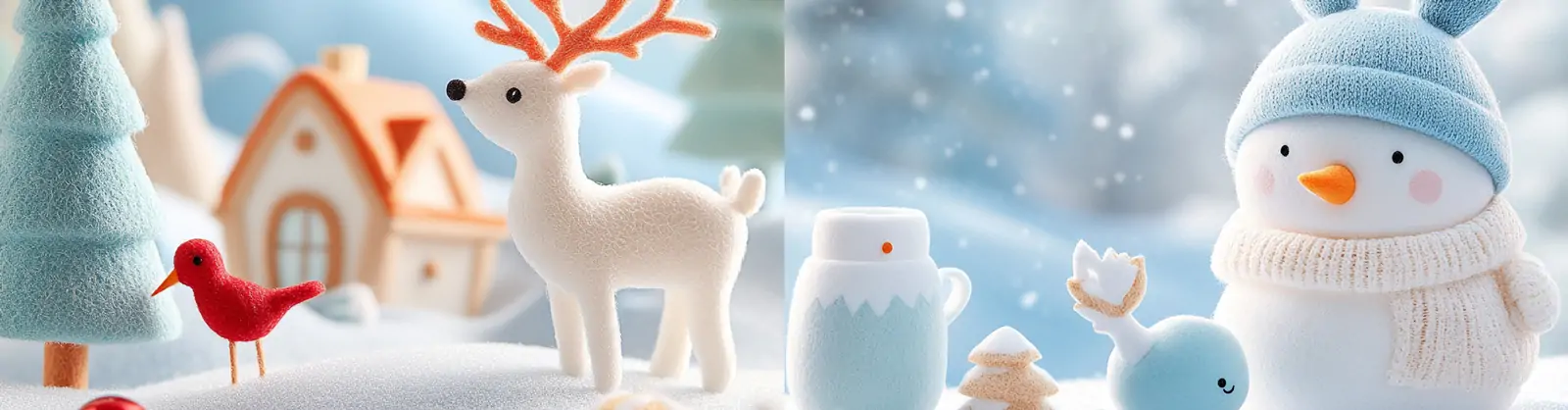 3D立体可爱卡通冬天圣诞节装饰场景羊毛毡手工艺品特写插图海报midjourney关键词咒语