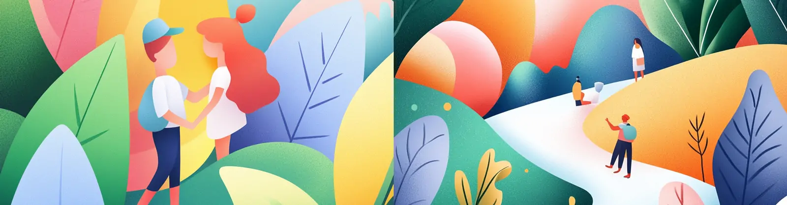 手绘彩色鲜花植物卡通人物郊游自然景观场景插图海报midjourney关键词咒语