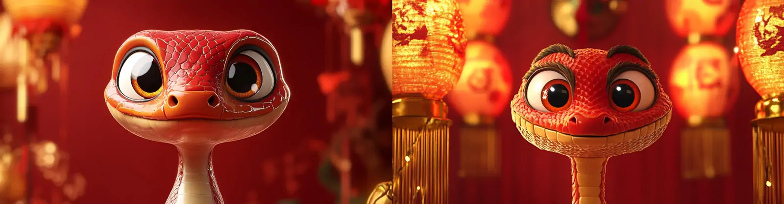 红色2025新年蛇年元旦春节3D立体卡通小蛇形象模型海报midjourney关键词咒语