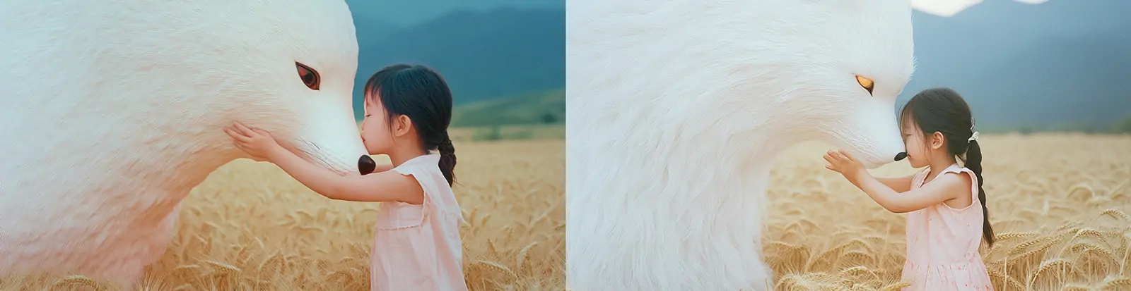 创意复古女孩抚摸巨型白狐麦田场景摄影海报midjourney关键词咒语