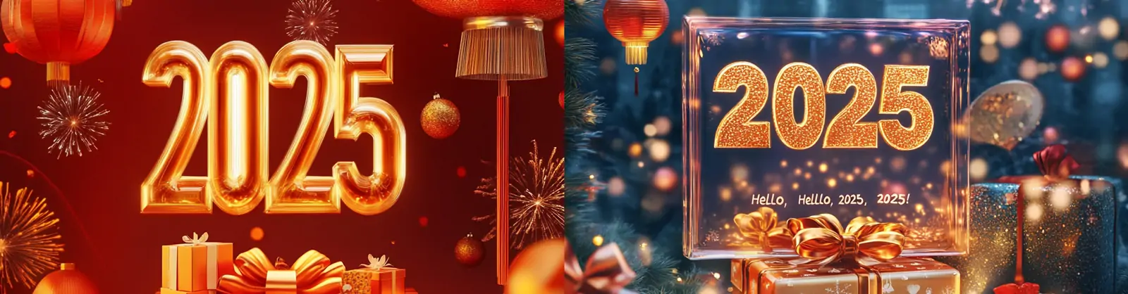 2025新年元旦春节金色立体文字烟花礼物节日庆祝装饰海报midjourney关键词咒语
