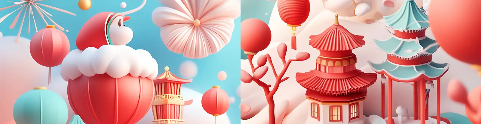 中国新年元旦春节3D立体烟花城楼建筑灯笼装饰场景海报背景midjourney关键词咒语