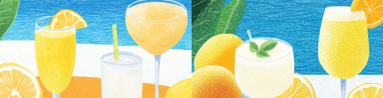 手绘夏季大海沙滩橙子柠檬果汁饮料平面插图海报midjourney关键词咒语