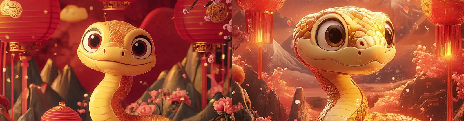 2025蛇年新年春节红色喜庆3D立体可爱俏皮金色蛇立体模型海报midjourney关键词咒语