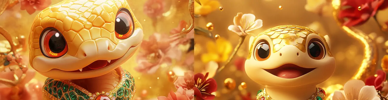 2025蛇年新年春节3D立体可爱奢华宝石金色蛇立体模型海报midjourney关键词咒语