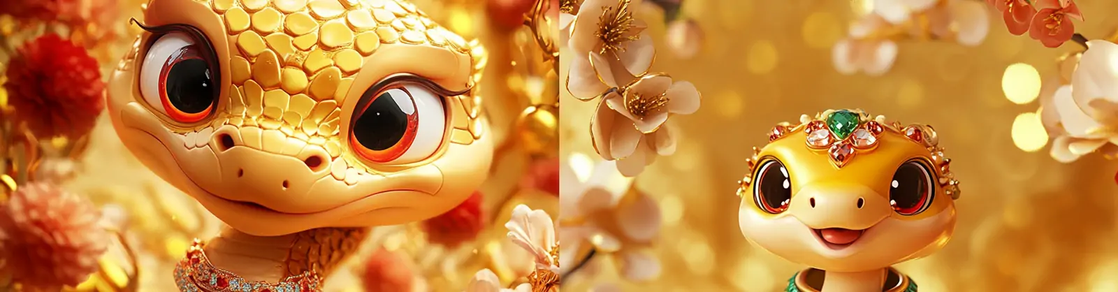 2025蛇年新年春节3D立体可爱奢华宝石金色蛇立体模型海报midjourney关键词咒语