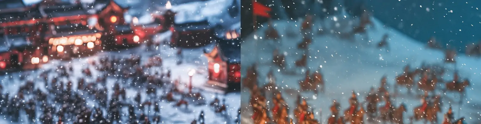 中国古代三国骑兵战斗战争雪天沙漠奔跑场景微缩景观摄影海报midjourney关键词咒语