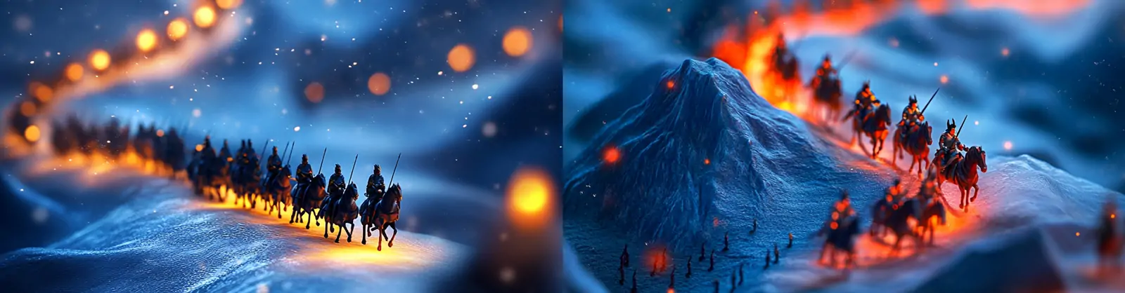 中国古代三国骑兵战斗雪天沙漠奔跑战争场景微缩景观摄影海报midjourney关键词咒语