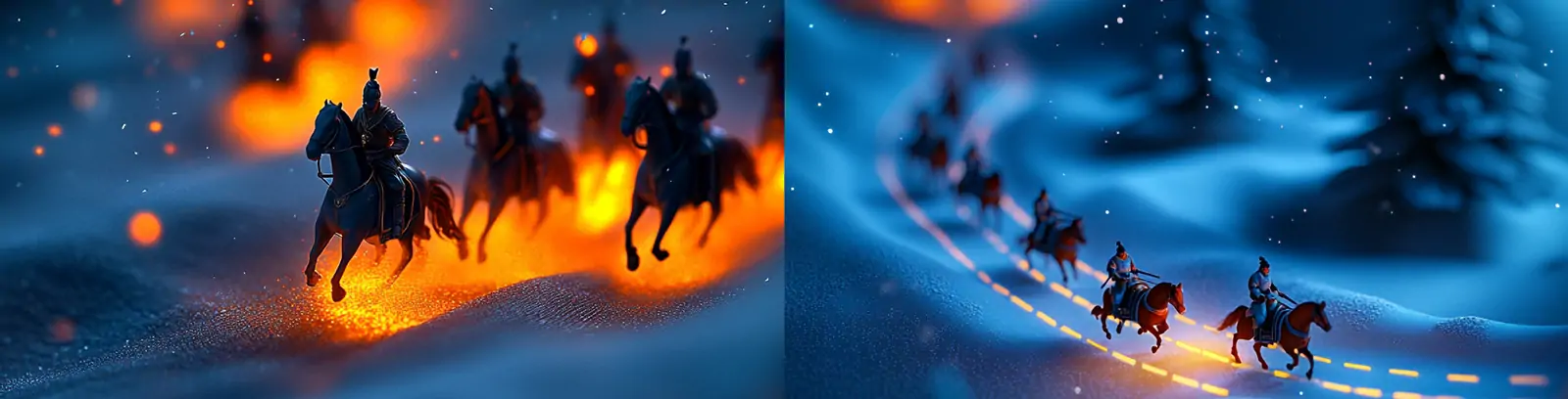 中国古代三国骑兵战斗战争雪天沙漠骑马奔跑场景微缩景观摄影海报midjourney关键词咒语