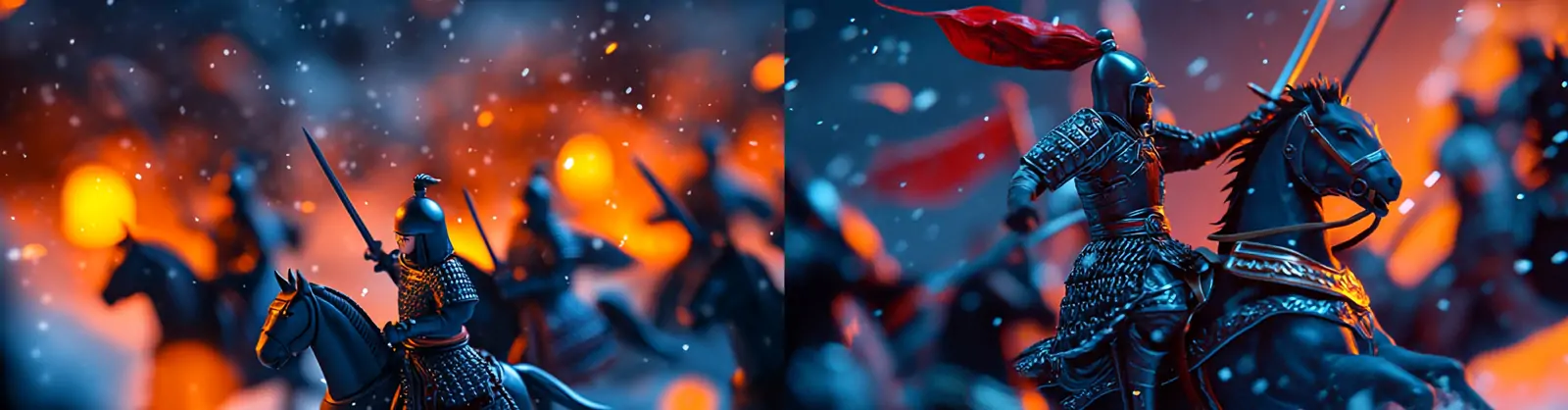 中国古代三国骑兵战斗战争雪天沙漠骑马奔跑场景微缩景观摄影海报midjourney关键词咒语