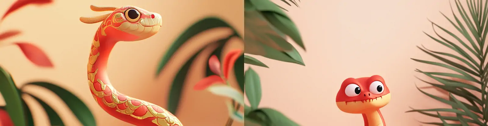 2025蛇年春节可爱卡通迪士尼风格生肖动物蛇形象立体模型midjourney关键词咒语
