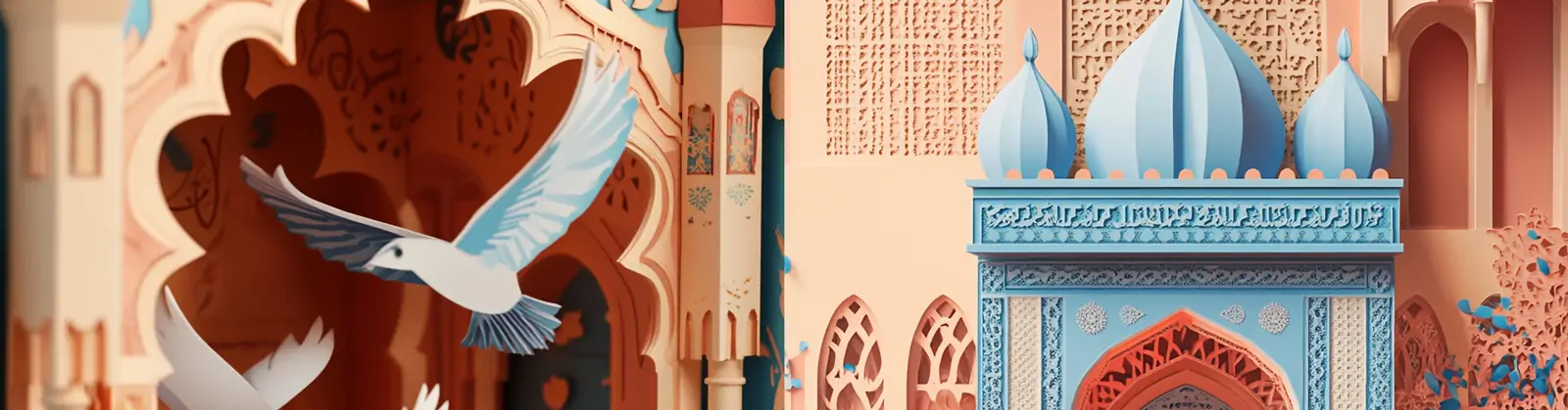 3D立体伊斯兰斋月宗教信仰建筑贺卡剪纸艺术插图海报midjourney关键词咒语
