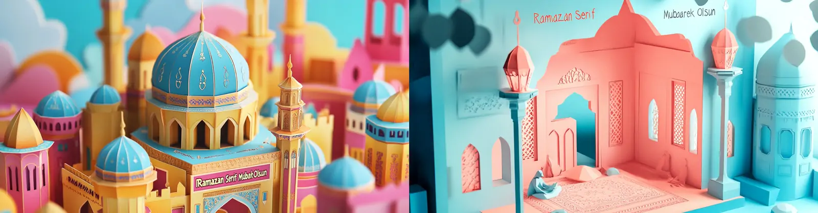 3D立体伊斯兰斋月宗教信仰建筑贺卡剪纸艺术插图海报midjourney关键词咒语