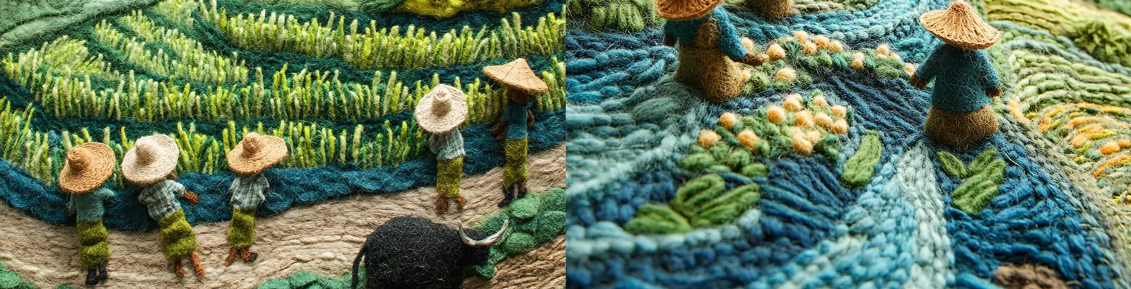 绿色春天初夏农民伯伯稻田插秧场景羊毛艺术针织风格插图海报midjourney关键词咒语