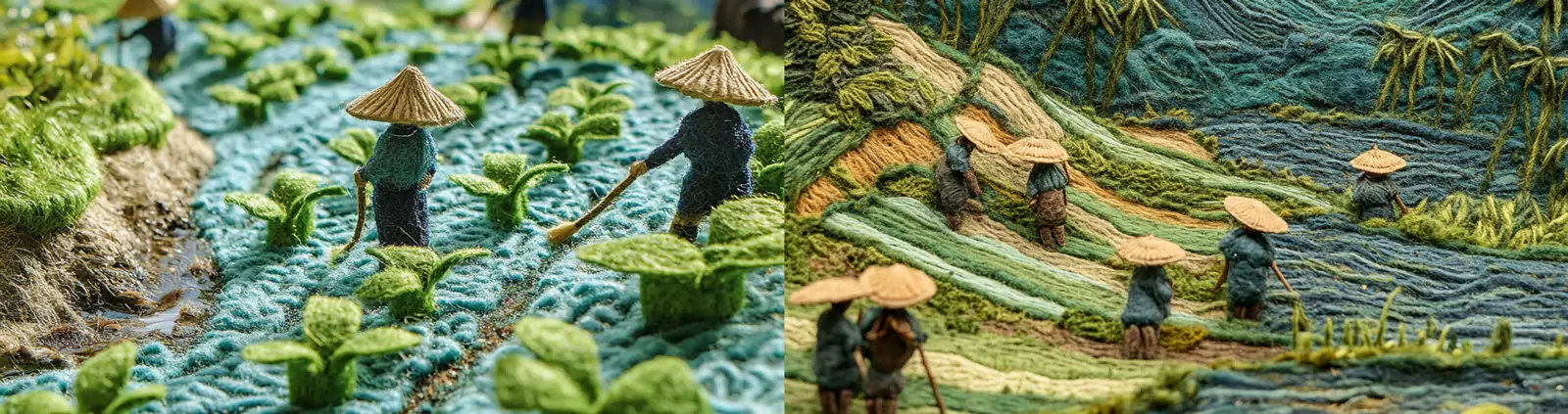 绿色春天初夏农民伯伯稻田插秧场景羊毛艺术针织风格插图海报midjourney关键词咒语