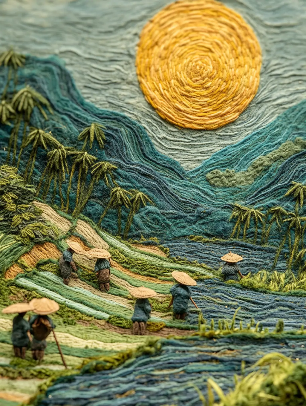 绿色春天初夏农民伯伯稻田插秧场景羊毛艺术针织风格插图海报midjourney关键词咒语