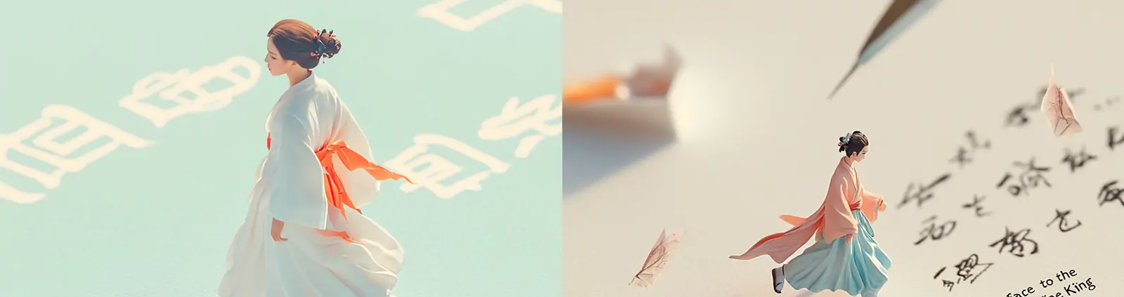 中国风传统汉服古代女孩书法纸张行走缩影微距镜头特写摄影海报midjourney关键词咒语