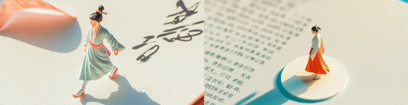 中国风传统汉服古代女孩书法纸张行走缩影微距镜头特写摄影海报midjourney关键词咒语