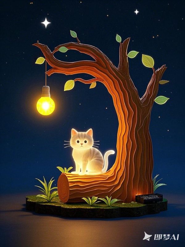 可爱卡通纸雕艺术发光灯星星猫咪 -即梦ai关键词描述咒语-Ai宇宙吧-