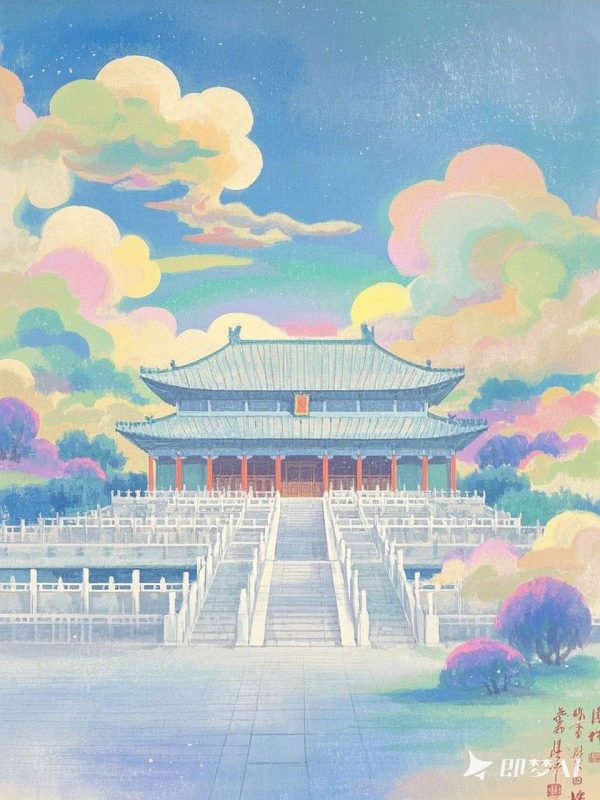 点彩古代宫殿祥云画-即梦ai关键词描述咒语-Ai宇宙吧-