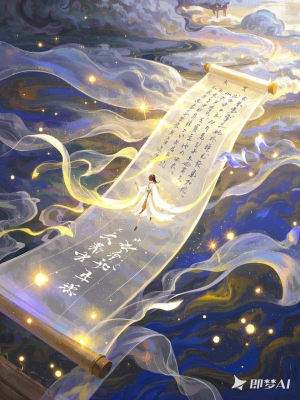古风美女行走在丝绢卷轴上-即梦ai关键词描述咒语-Ai宇宙吧-