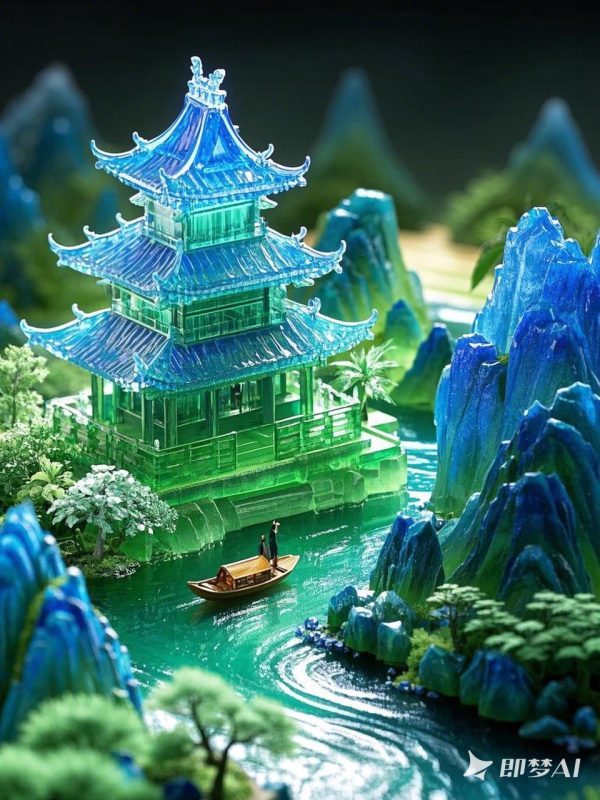 微景观古代建筑楼阁楼宇发光山水沙盘模型 -即梦ai关键词描述咒语-Ai宇宙吧-
