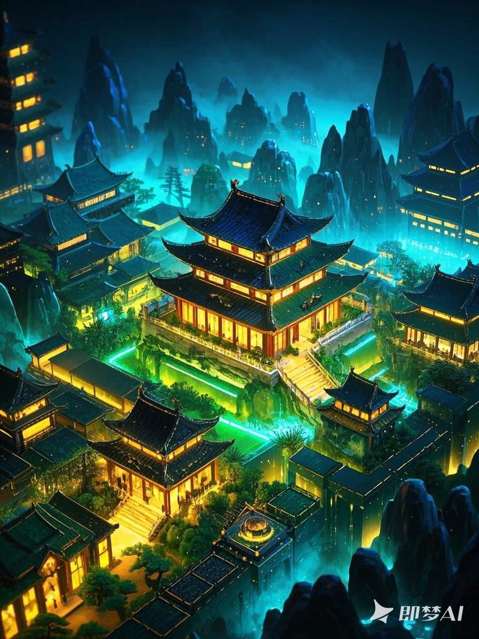 Midjourney - 微景观古代建筑楼阁楼宇发光山水沙盘模型 -即梦ai关键词描述咒语 即梦Ai-Ai宇宙吧-