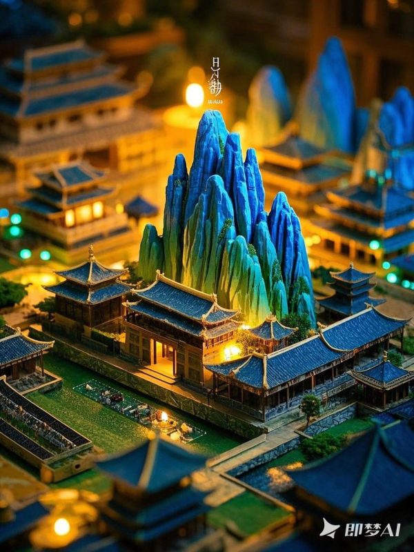 微景观古代建筑楼阁楼宇发光山水沙盘模型 -即梦ai关键词描述咒语-Ai宇宙吧-