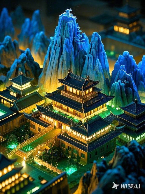 微景观古代建筑楼阁楼宇发光山水沙盘模型 -即梦ai关键词描述咒语-Ai宇宙吧-