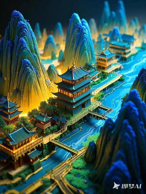 微景观古代建筑楼阁楼宇发光山水沙盘模型 -即梦ai关键词描述咒语-Ai宇宙吧-