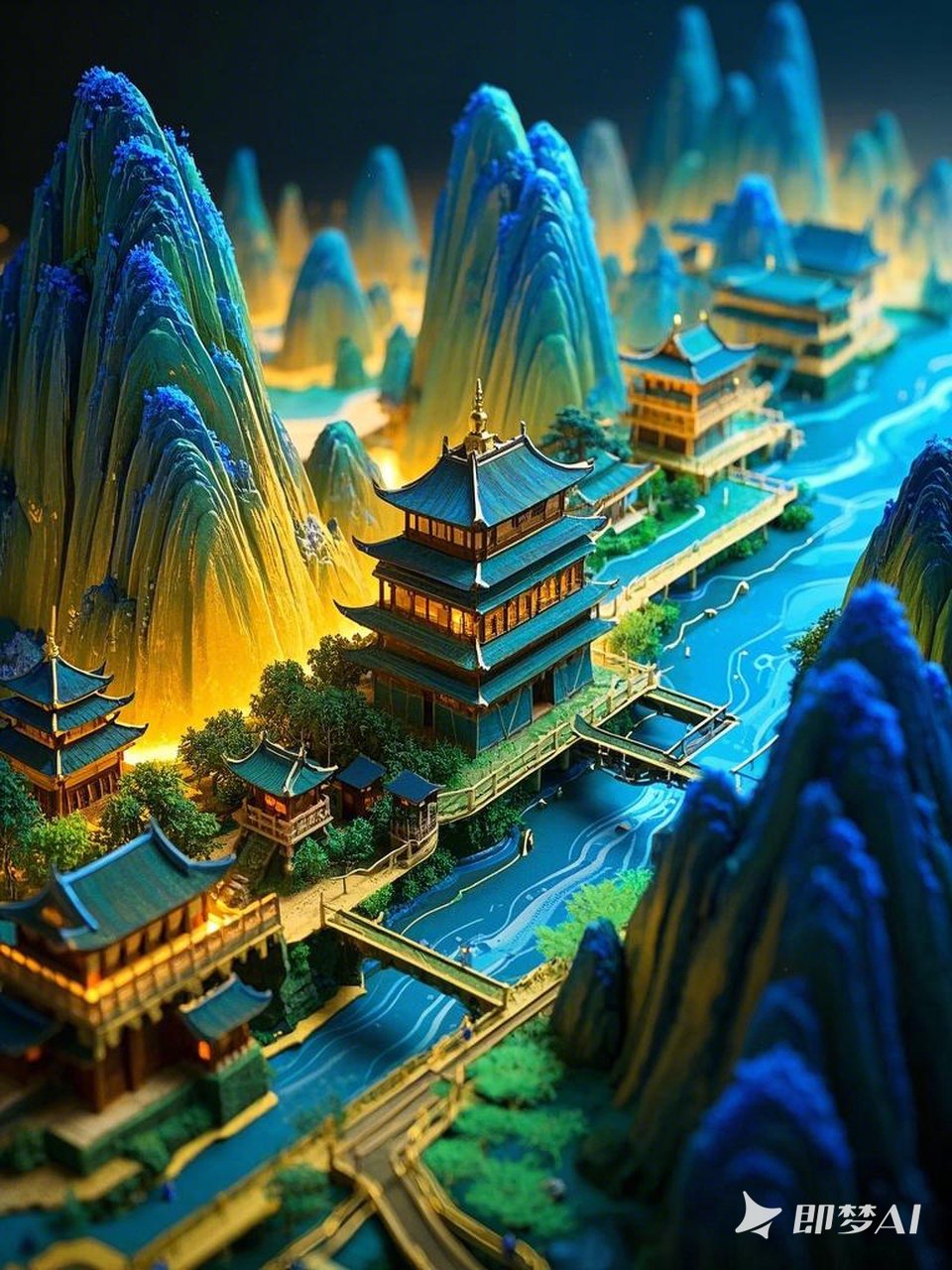 Midjourney - 微景观古代建筑楼阁楼宇发光山水沙盘模型 -即梦ai关键词描述咒语 即梦Ai-Ai宇宙吧-