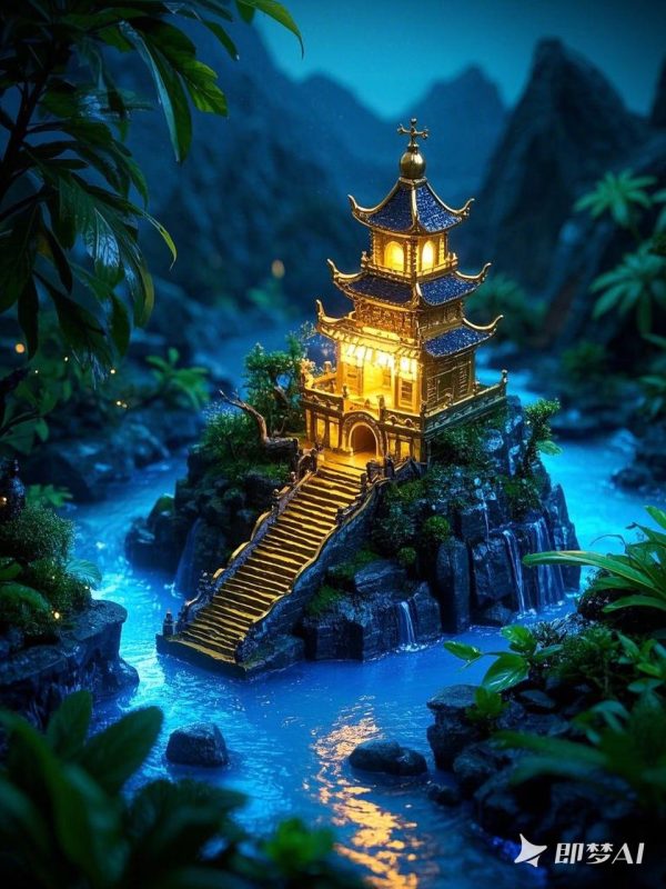 微景观古代建筑楼阁楼宇发光树脂沙盘模型 -即梦ai关键词描述咒语-Ai宇宙吧-