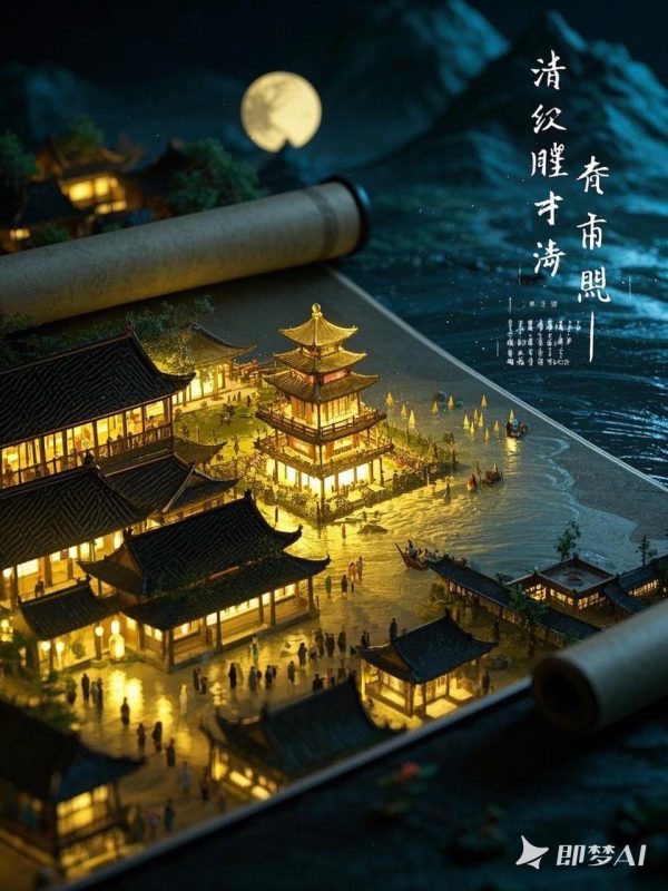 画卷卷轴清明上河图微观摄影移轴摄影宣纸 -即梦ai关键词描述咒语-Ai宇宙吧-