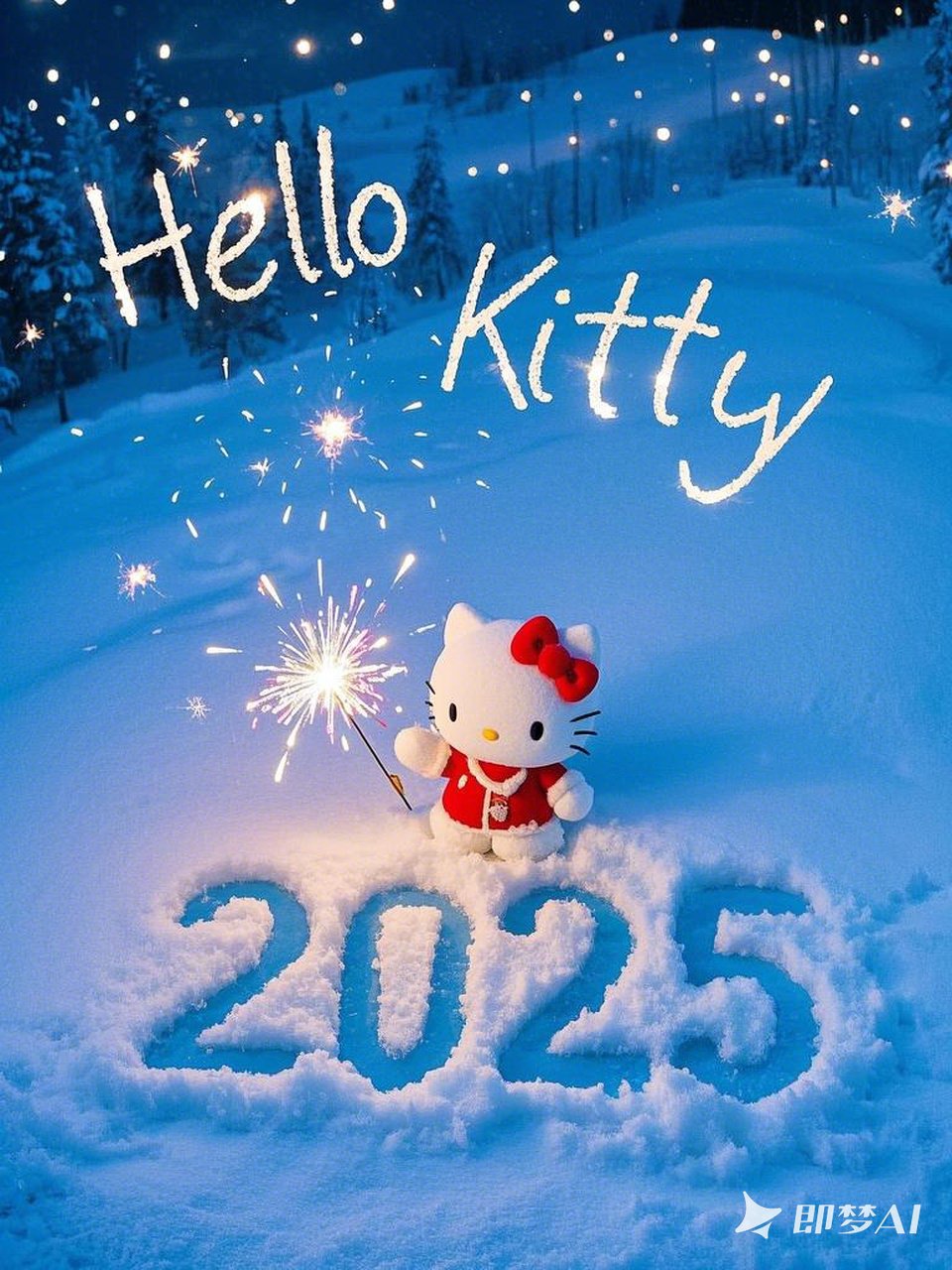 Midjourney - 2025雪地可爱Hellokitty烟花仙女棒 -即梦ai关键词描述咒语 即梦Ai-Ai宇宙吧-