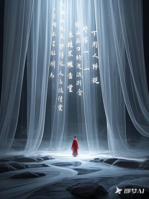 中国风古风透明纱幔诗词三维立体空间摄影海报-即梦ai关键词描述咒语-Ai宇宙吧-