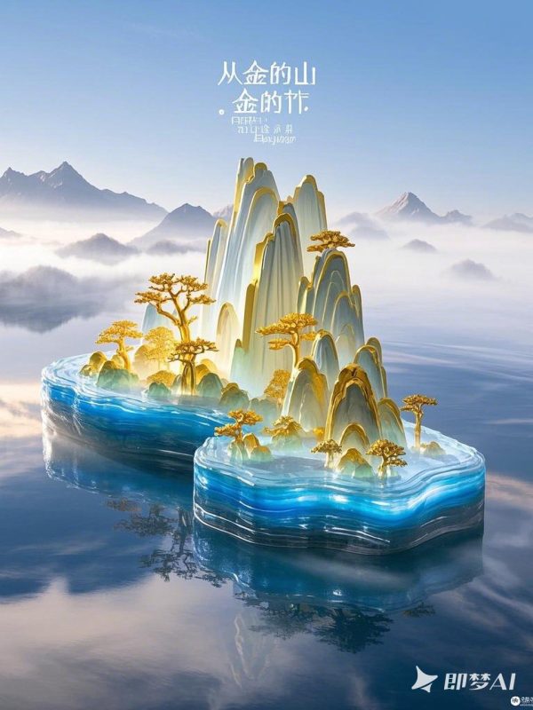 中国风3D立体金山自然山水半透明树脂波浪模型-即梦ai关键词描述咒语-Ai宇宙吧-
