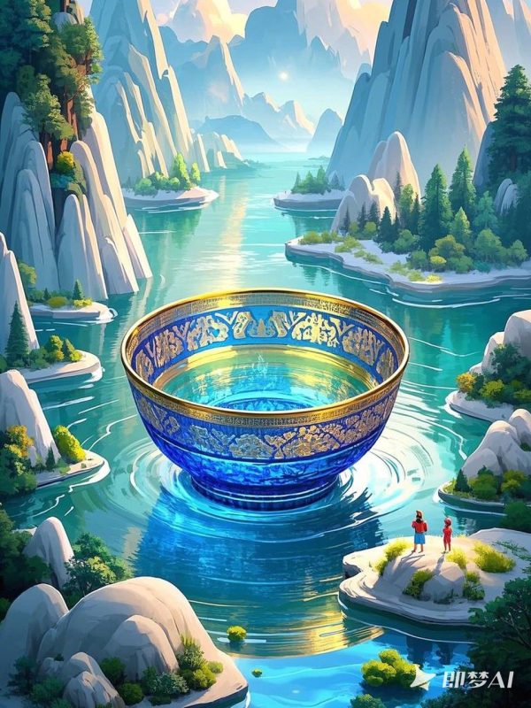 中国风3D立体蓝色玻璃碗自然山水艺术绘画插图海报-即梦ai关键词描述咒语-Ai宇宙吧-
